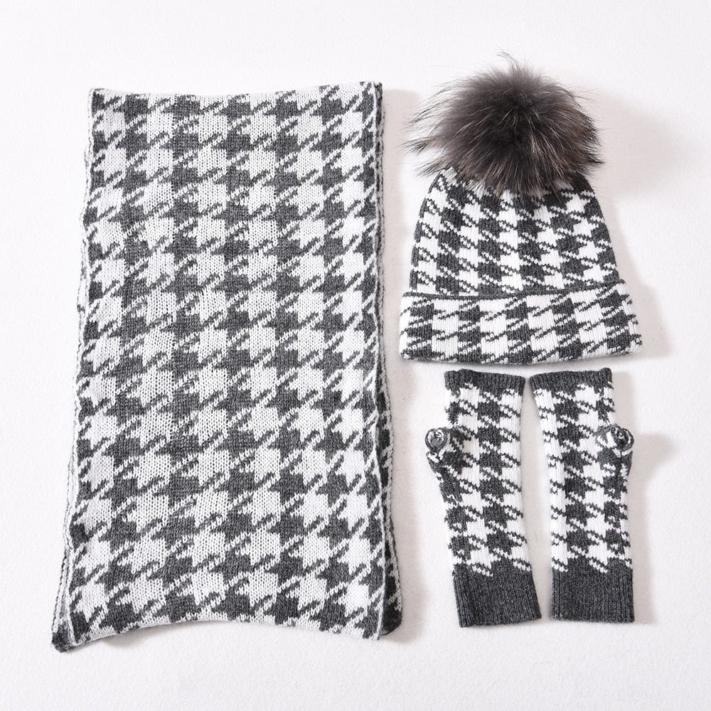Cadeau showroom Gris G 3 pièces bonnet écharpe et gants tricotés épais