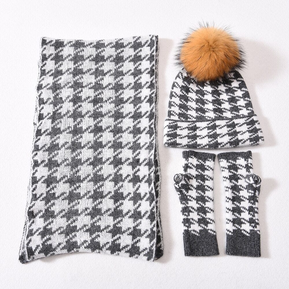 Cadeau showroom Gris N 3 pièces bonnet écharpe et gants tricotés épais