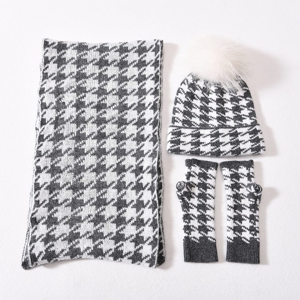 Cadeau showroom Gris W 3 pièces bonnet écharpe et gants tricotés épais
