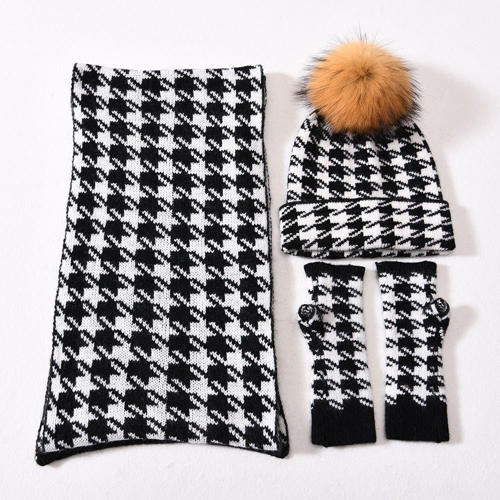 Cadeau showroom Noir N 3 pièces bonnet écharpe et gants tricotés épais