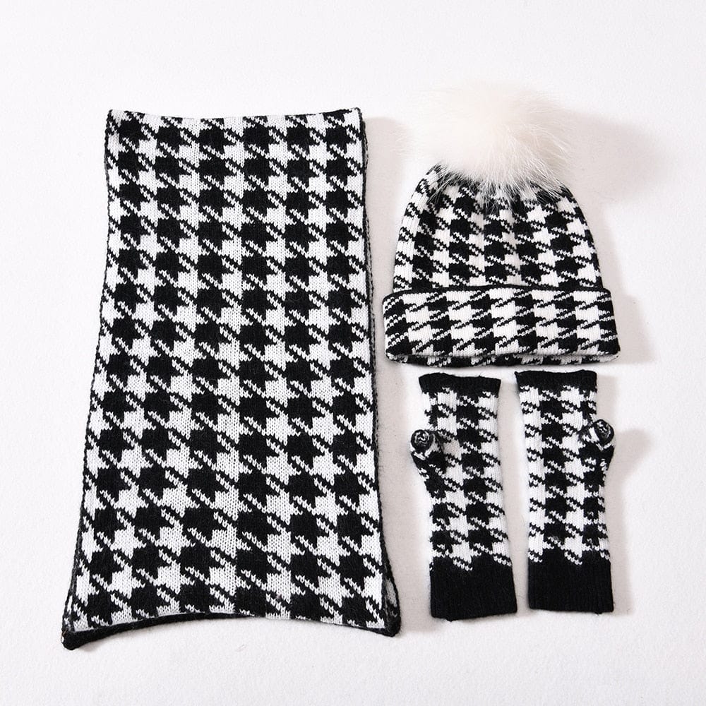 Cadeau showroom Noir W 3 pièces bonnet écharpe et gants tricotés épais