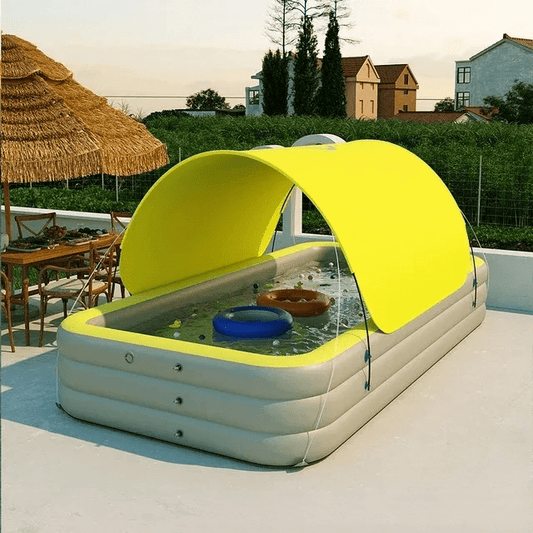 Cadeau showroom piscine gonflable 2.1M jaune/gris Piscine gonflable avec toboggan et auvent 2,1M