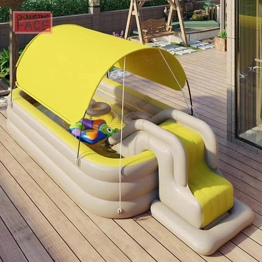 Cadeau showroom piscine gonflable 2.1M jaune/gris Piscine gonflable avec toboggan et auvent 2,1M