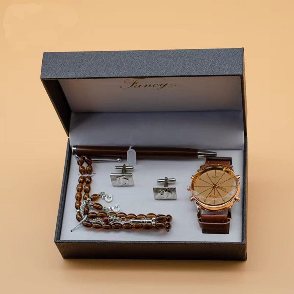Cadeau showroom Marron Coffret cadeau homme chapelet, stylo Signature