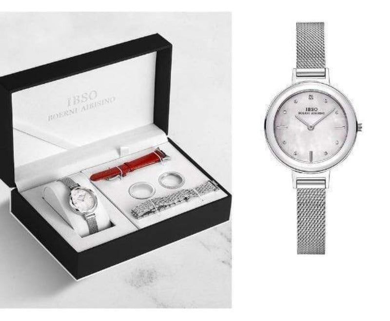 Montre femme Ensemble bijoux Femme Montre-bracelet en acier inoxydable argenté de mode élégante
