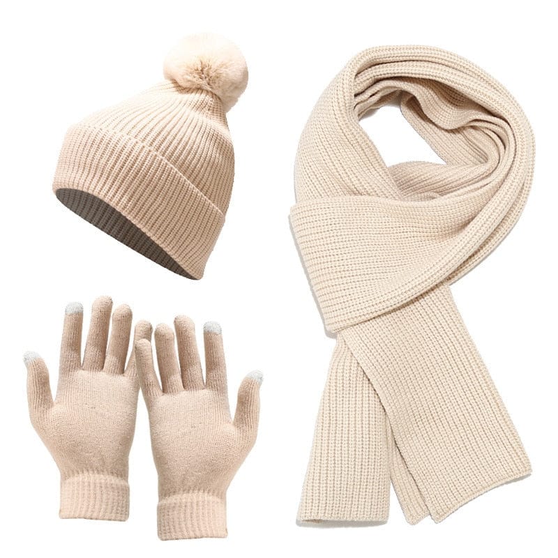 Showroom-Cadeau Beige Ensemble gants et écharpes, bonnet en laine épaisse