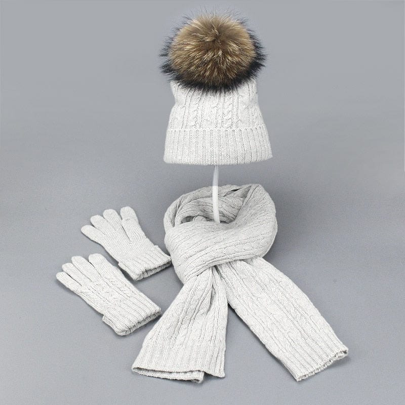 Showroom-Cadeau Blanc Ensemble 3 pièces avec pompon fourrure