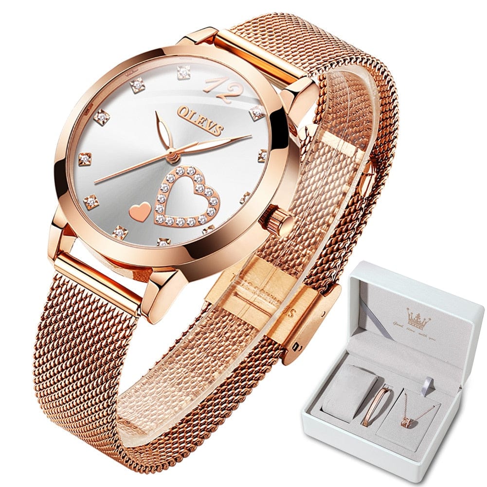 Showroom-Cadeau Blanc Ensemble montre-Bracelet en or Rose, cœur diamant