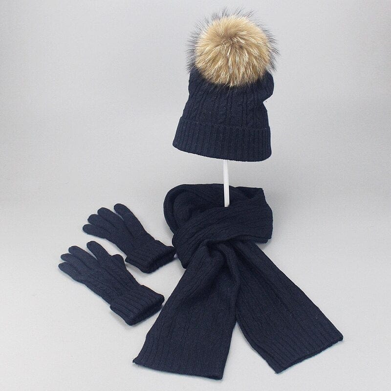 Showroom-Cadeau Bleu marine Ensemble 3 pièces avec pompon fourrure