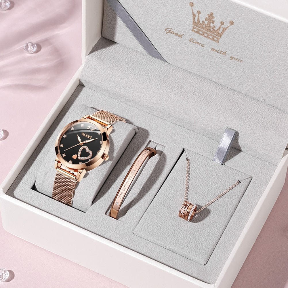 Showroom-Cadeau Ensemble montre-Bracelet en or Rose, cœur diamant