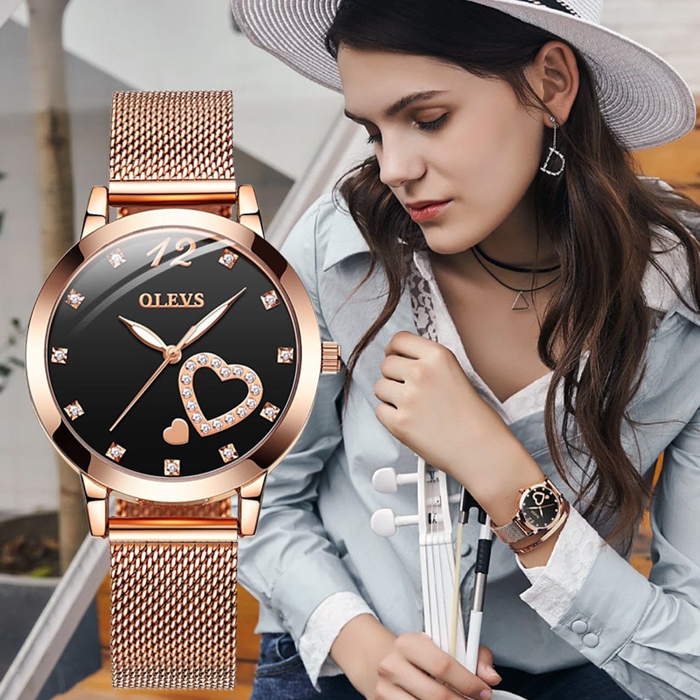 Showroom-Cadeau Ensemble montre-Bracelet en or Rose, cœur diamant