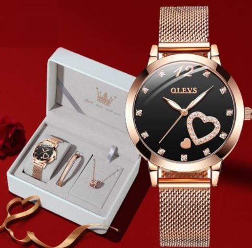 Showroom-Cadeau Ensemble montre-Bracelet en or Rose, cœur diamant