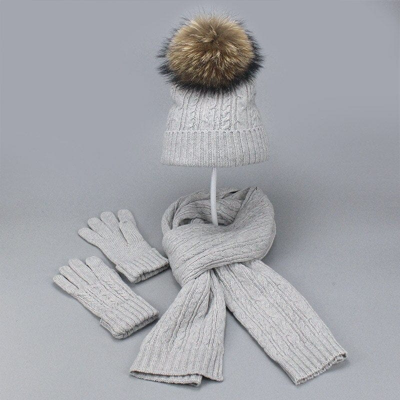 Showroom-Cadeau Gris clair Ensemble 3 pièces avec pompon fourrure