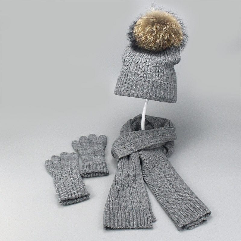 Showroom-Cadeau Gris foncè Ensemble 3 pièces avec pompon fourrure