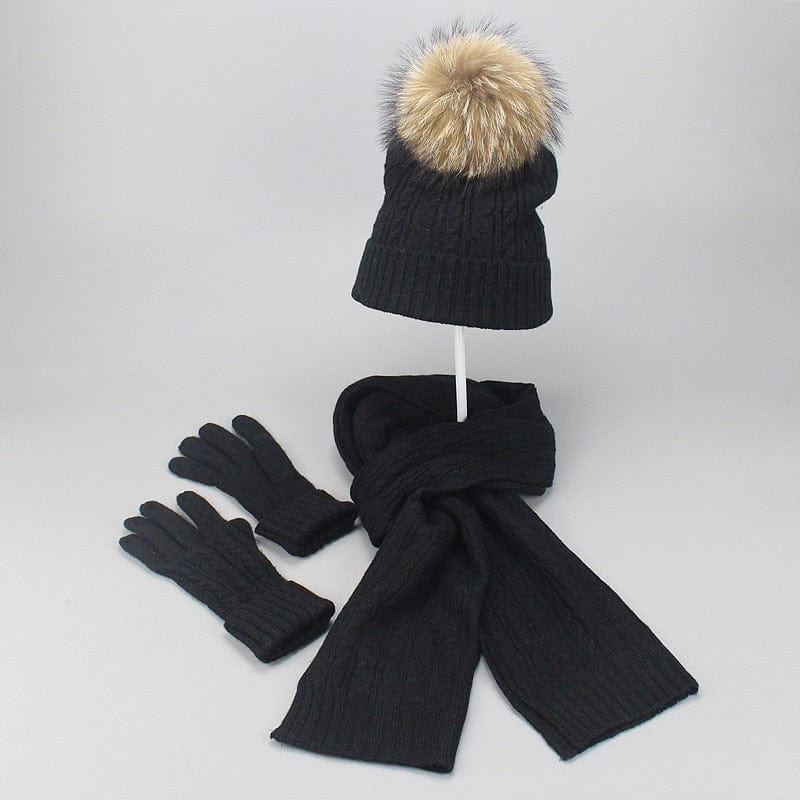 Showroom-Cadeau Noir Ensemble 3 pièces avec pompon fourrure