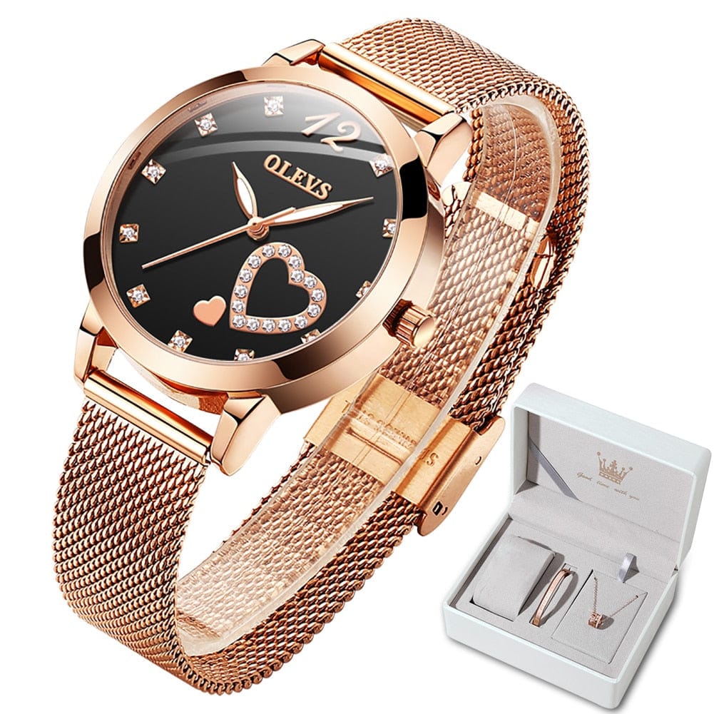 Showroom-Cadeau Noir Ensemble montre-Bracelet en or Rose, cœur diamant