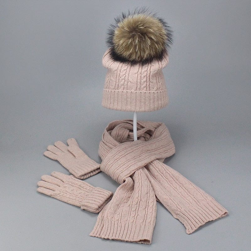 Showroom-Cadeau Rose Ensemble 3 pièces avec pompon fourrure