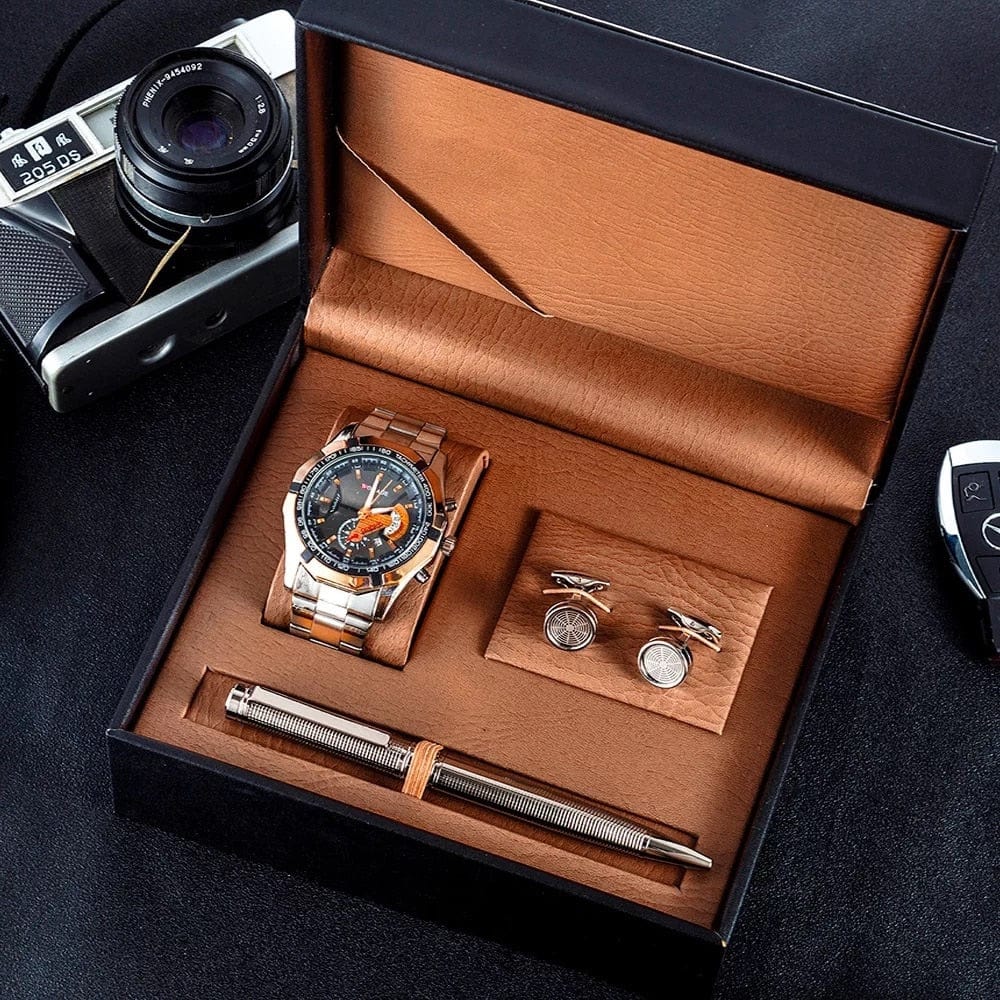 Showroom-Cadeau Rose or/noir Coffret cadeau, montre et boutons de manchettes