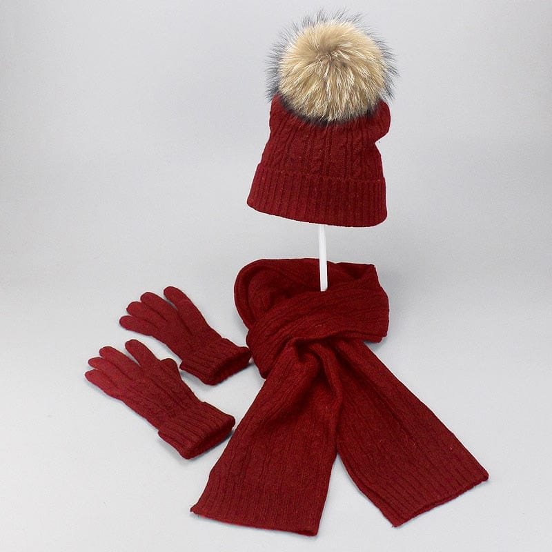 Showroom-Cadeau Rouge Ensemble 3 pièces avec pompon fourrure
