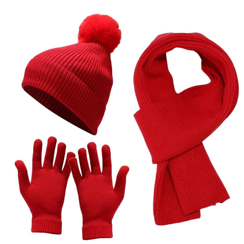 Showroom-Cadeau Rouge Ensemble gants et écharpes, bonnet en laine épaisse