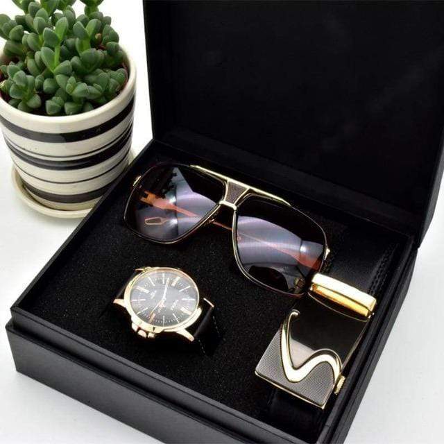 showroomcadeau Coffret montre en cuir Ensemble lunettes ceinture montre quartz pour hommes