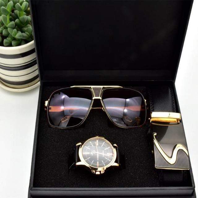 showroomcadeau Coffret montre en cuir Ensemble lunettes ceinture montre quartz pour hommes