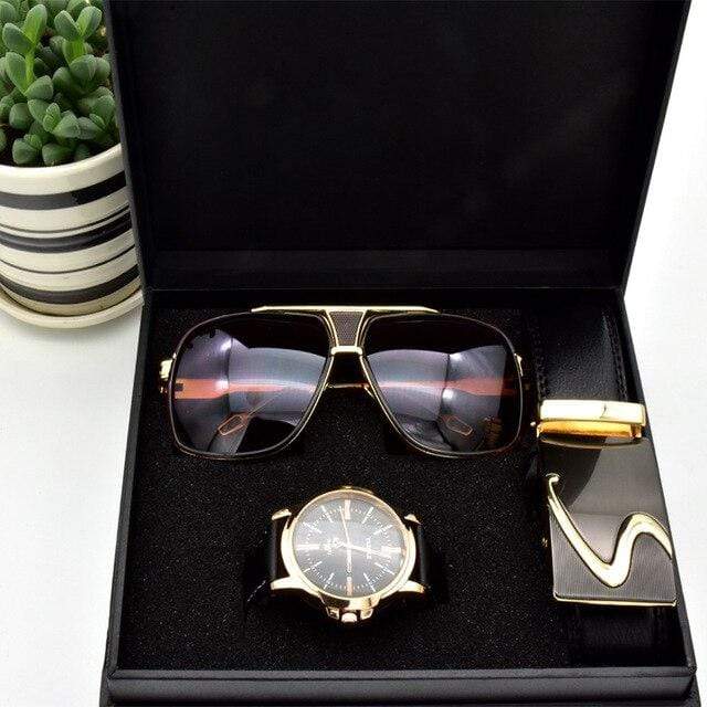 showroomcadeau Coffret montre en cuir Model 1 Ensemble lunettes ceinture montre quartz pour hommes