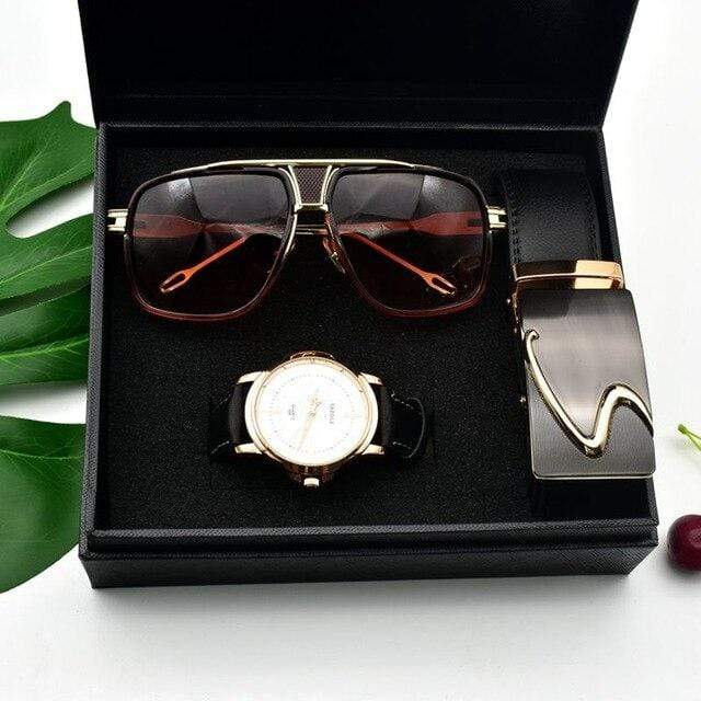 showroomcadeau Coffret montre en cuir Model 2 Ensemble lunettes ceinture montre quartz pour hommes