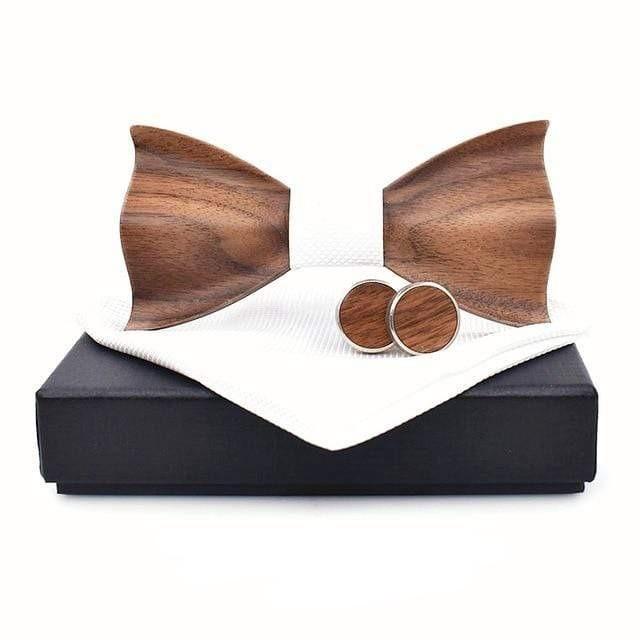 showroomcadeau Cravate homme Blanc Cravate nœud en bois pour hommes avec Boutons de manchette