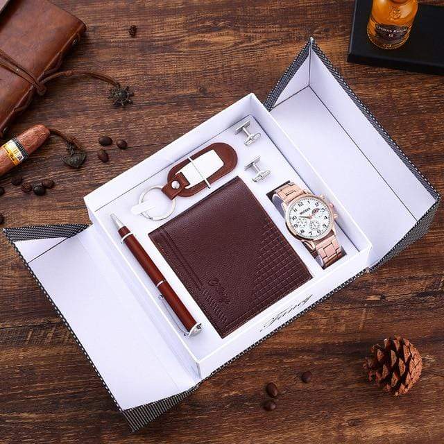 showroomcadeau montre-Bracelet Marron Montre en cuir portefeuille boutons de manchette stylo à bille porte-clés, coffret cadeau homme