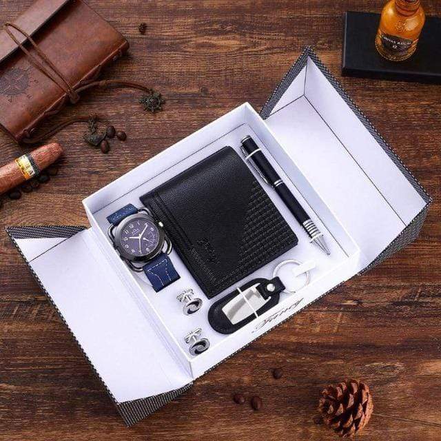 showroomcadeau montre-Bracelet Montre en cuir portefeuille boutons de manchette stylo à bille porte-clés, coffret cadeau homme