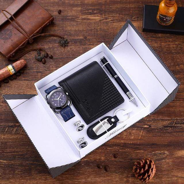 showroomcadeau montre-Bracelet Noir Bleu Montre en cuir portefeuille boutons de manchette stylo à bille porte-clés, coffret cadeau homme