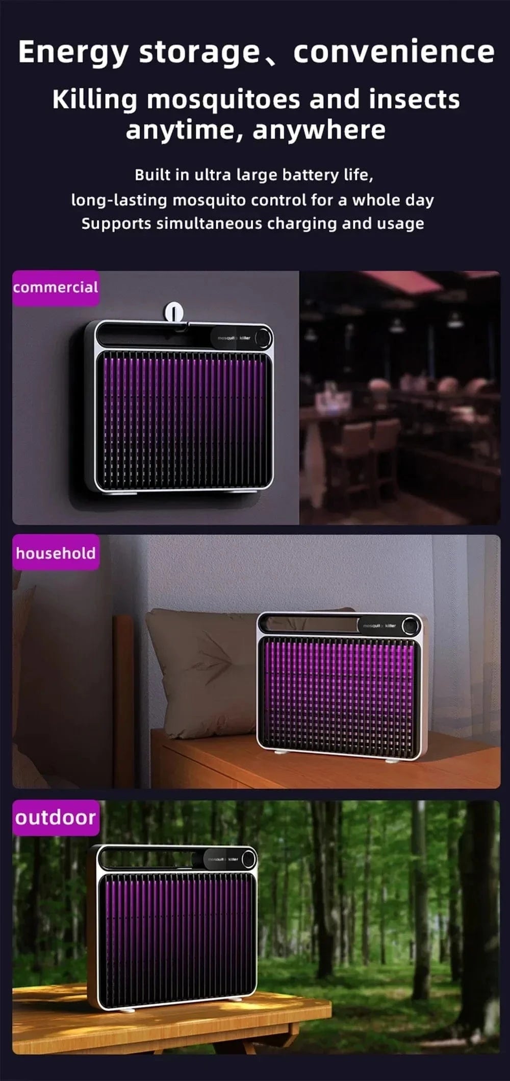 Cadeau showroom anti moustiques Noir rechargeable Lampe anti-moustiques 1500 V rechargeable