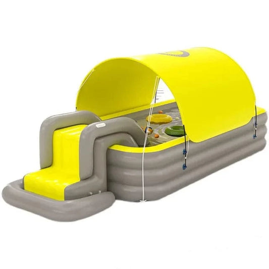 Cadeau showroom piscine gonflable 2.1M jaune/gris Piscine gonflable avec toboggan et auvent 2,1M