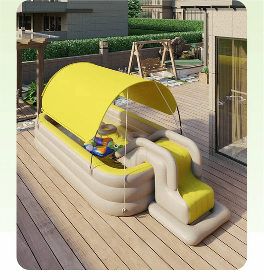Cadeau showroom piscine gonflable 3M jaune/gris Piscine gonflable avec toboggan et auvent 3M