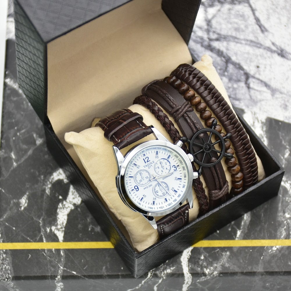 Cadeau showroom Blanc/marron Coffret homme bracelets et montre