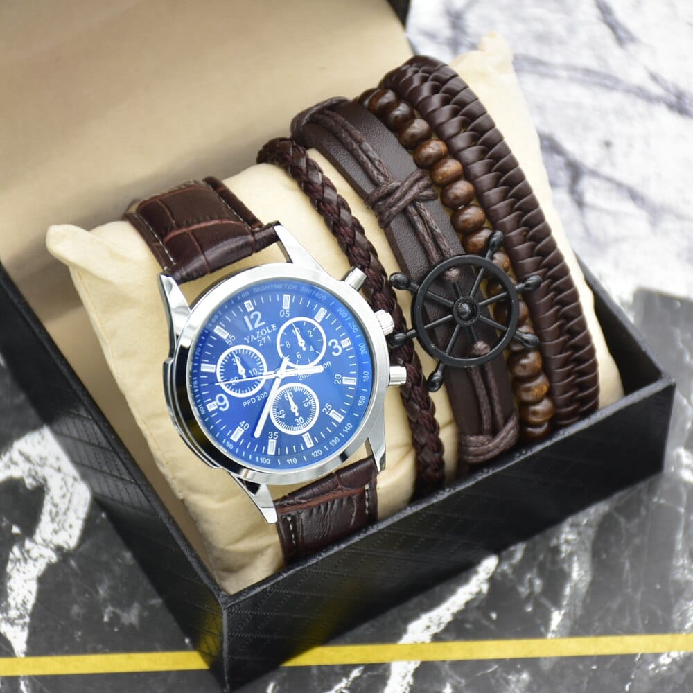 Cadeau showroom Bleu/marron Coffret homme bracelets et montre