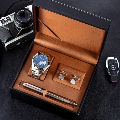 Showroom-Cadeau Bleu Coffret cadeau, montre et boutons de manchettes