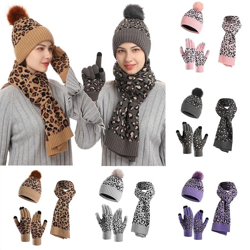 Showroom-Cadeau Ensemble Bonnet gants et écharpe imprimé léopard