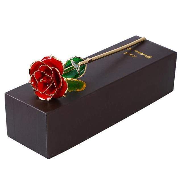 Showroom-Cadeau Fleur Rose Rouge Fleur Rose en métal plaquée dore avec boîte