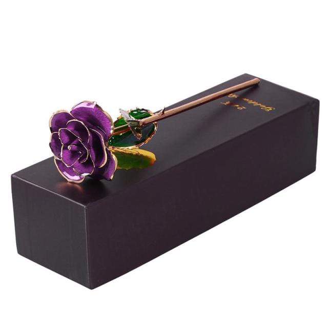 Showroom-Cadeau Fleur Rose Violet Fleur Rose en métal plaquée dore avec boîte
