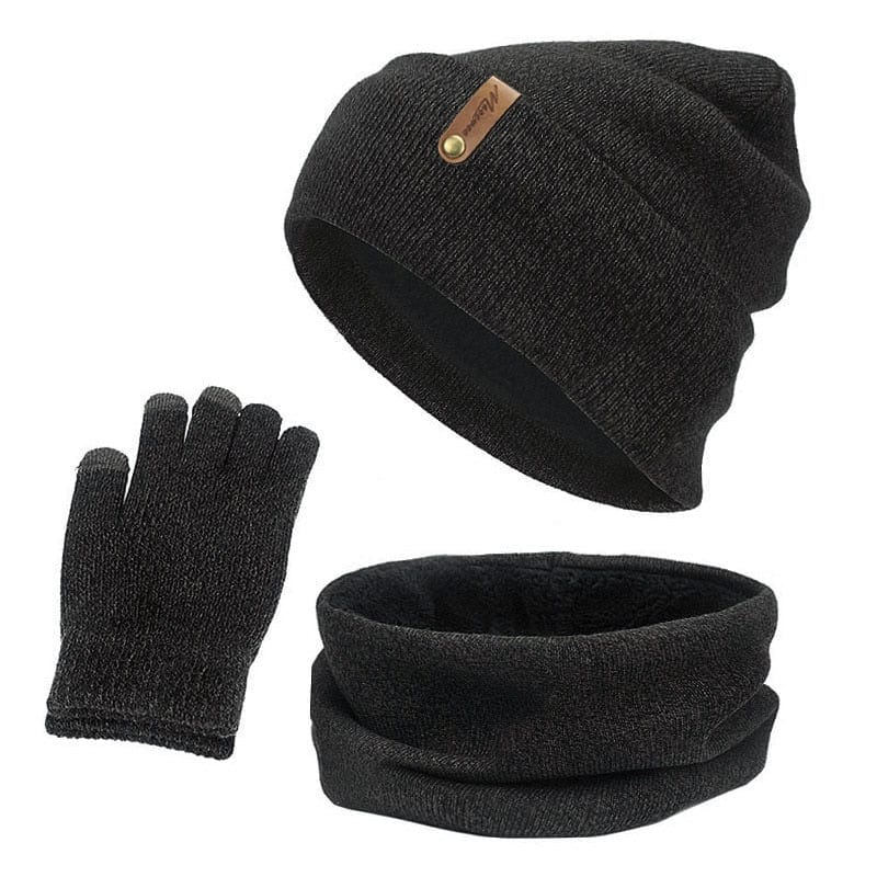 Showroom-Cadeau Gris noir Bonnet écharpe gants en coton