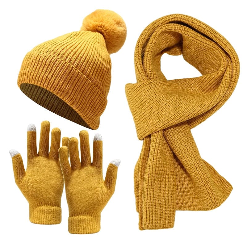 Showroom-Cadeau Jaune Ensemble  gants et écharpes, bonnet en laine épaisse