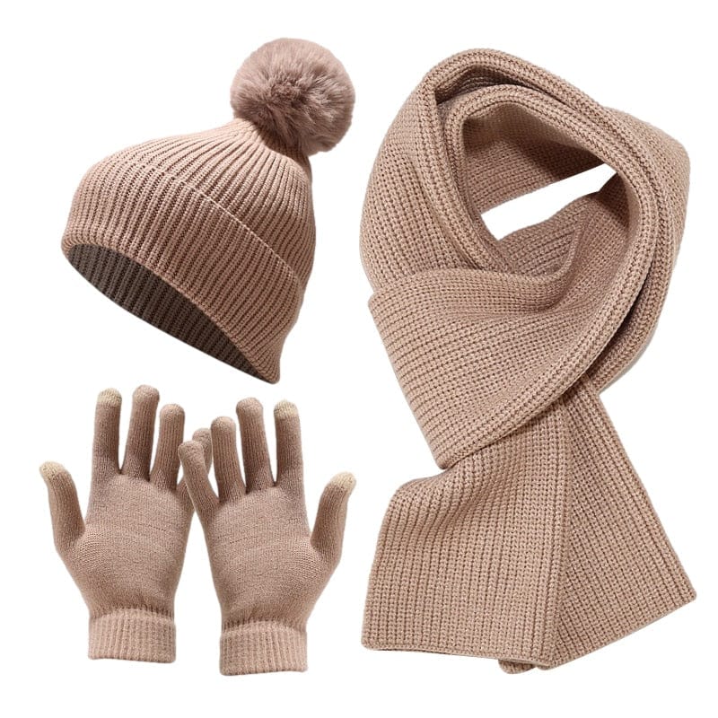 Showroom-Cadeau Khaki Ensemble  gants et écharpes, bonnet en laine épaisse