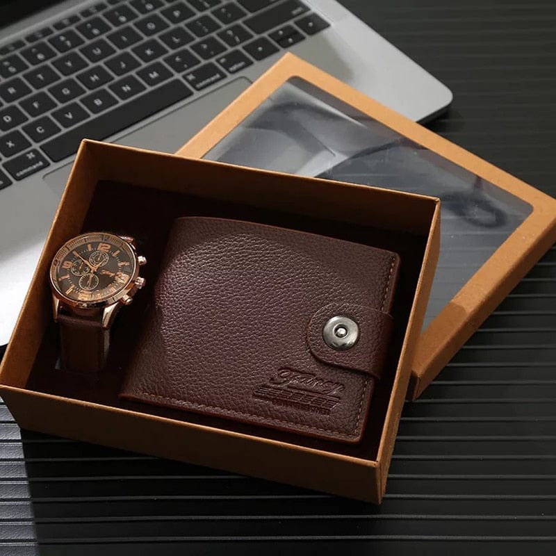 Showroom-Cadeau Marron Coffret cadeau montre et portefeuille marron