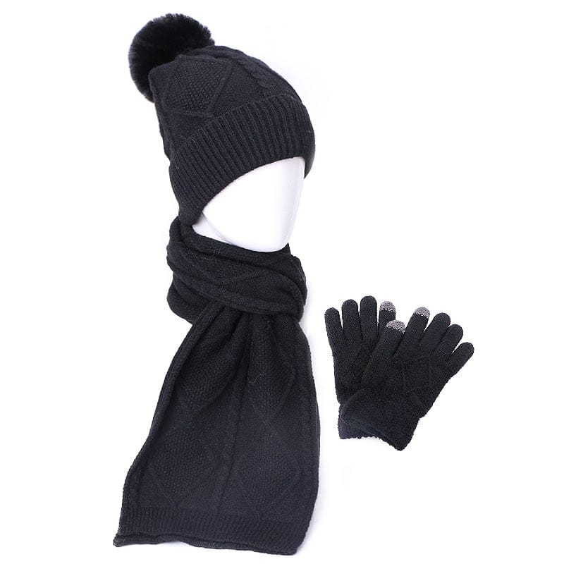 Showroom-Cadeau Noir Ensemble bonnet et écharpe pour femme 3 pièces