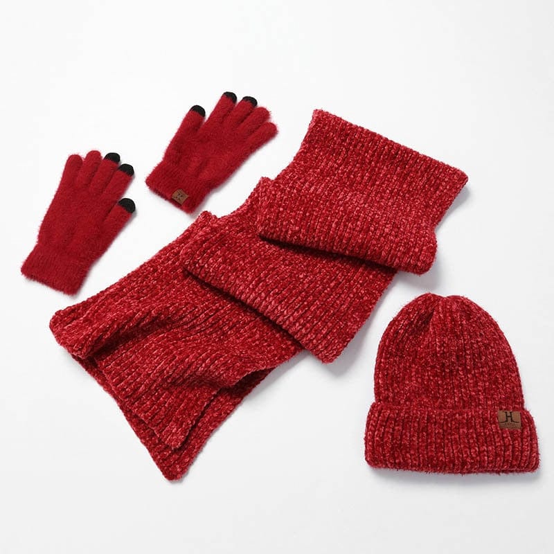 Showroom-Cadeau Rouge Ensemble bonnet et écharpe en laine tricotée