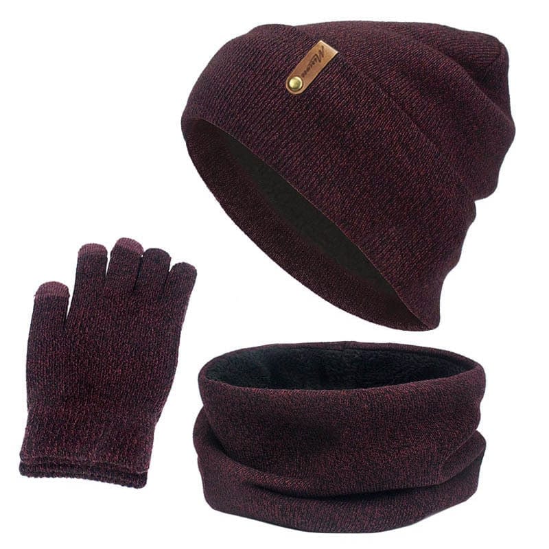 Showroom-Cadeau Violet/noir Bonnet écharpe gants en coton