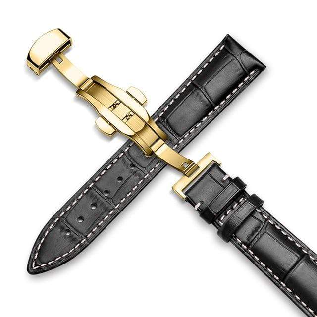 showroomcadeau bracelet en cuir Or-Noir-A / 18mm Bracelet de montre en cuir