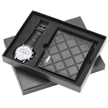 showroomcadeau coffret cadeau Blanc Montres quartz bracelet en acier inoxydable portefeuille en cuir
